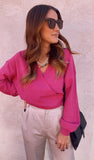 Natalie V-Neck Sweater (bright pink)