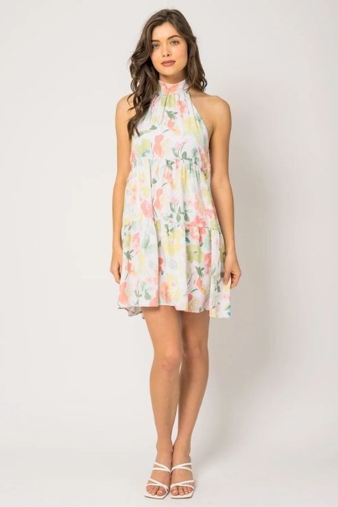 Emmy floral halter dress  (ivory/green)