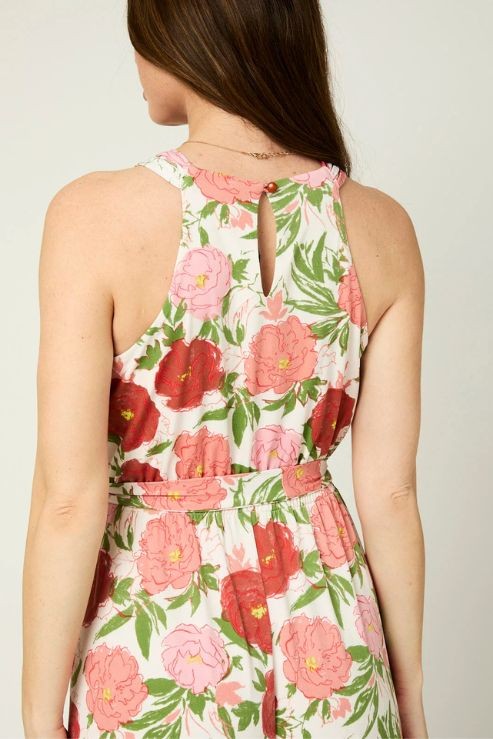 Eliza Floral Halter Front Tie Back Keyhole Midi Dress (ivory/pink)