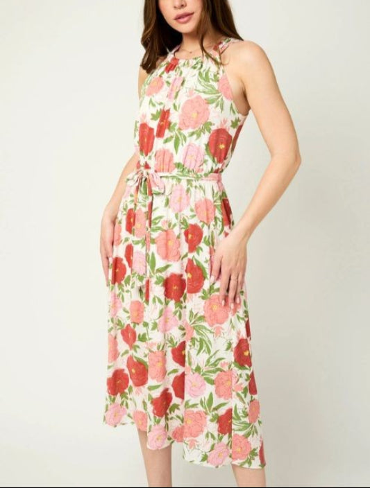 Eliza Floral Halter Front Tie Back Keyhole Midi Dress (ivory/pink)