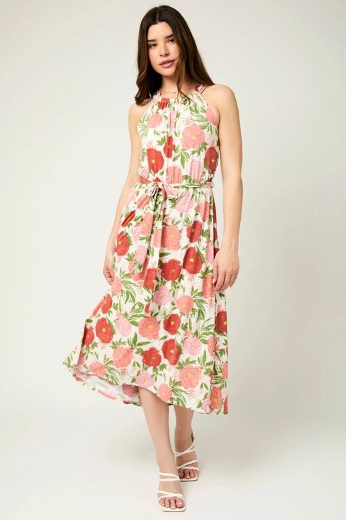 Eliza Floral Halter Front Tie Back Keyhole Midi Dress (ivory/pink)