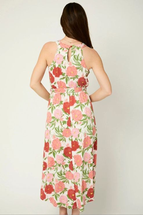 Eliza Floral Halter Front Tie Back Keyhole Midi Dress (ivory/pink)