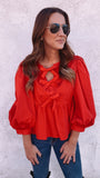 Hazel Peplum Ribbon Top (red)