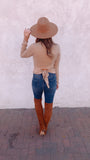 Ribbed knit mock neck tie back top (taupe)