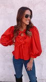 Hazel Peplum Ribbon Top (red)