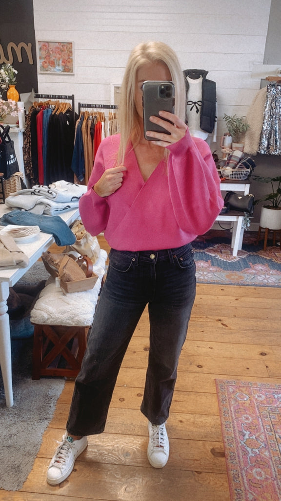 Natalie V-Neck Sweater (bright pink)