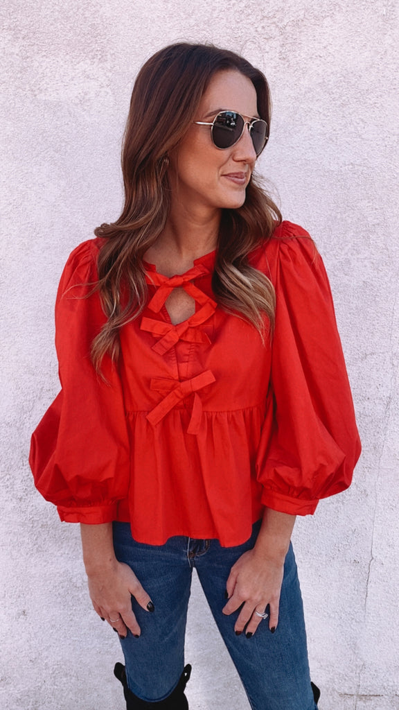 Hazel Peplum Ribbon Top (red)