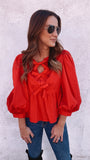 Hazel Peplum Ribbon Top (red)