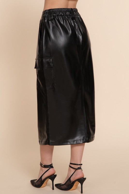 Mischka Vegan Leather cargo slit skirt (black)