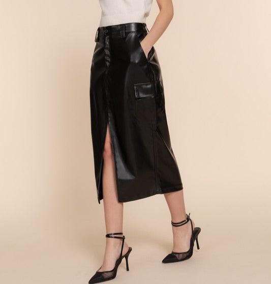 Mischka Vegan Leather cargo slit skirt (black)