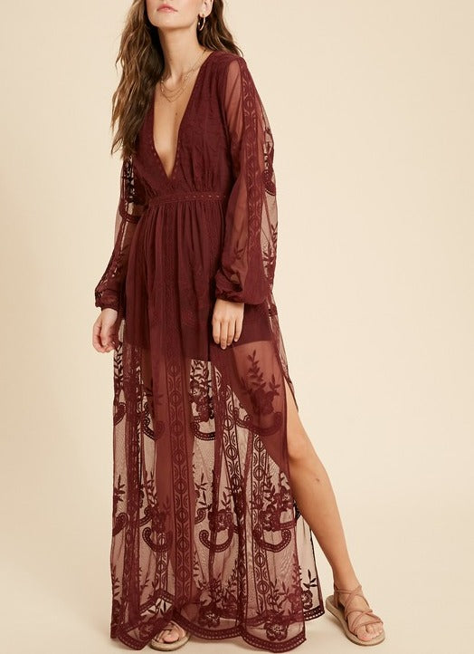 Burgundy lace maxi outlet dress